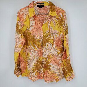Tahari European Grown Flax 100% Linen Tropical Long Sleeved‎ Floral Yellow Shirt